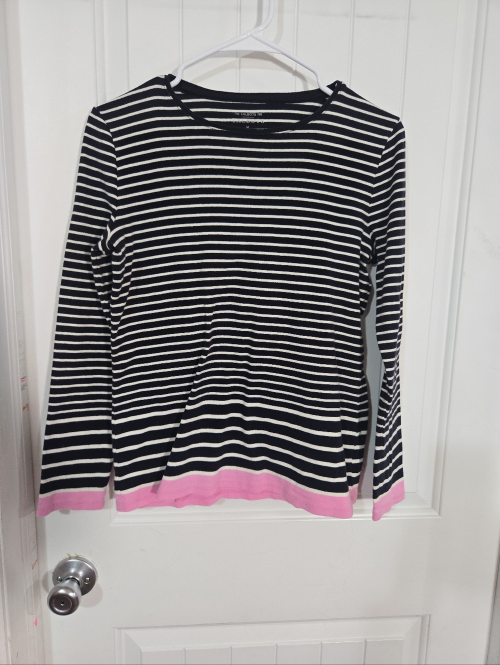 Talbots Striped Long Sleeve Tee Medium Navy White Pink Hem Cotton Preppy Classic